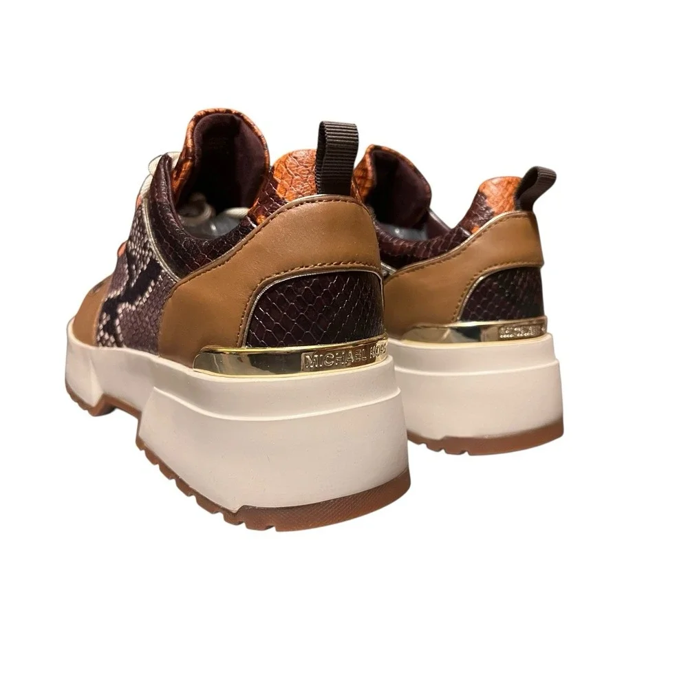 NWB Michael Kors Cosmo Woman's Sneakers Animal Snake Print Brown Gold Tan Sz‎ 9